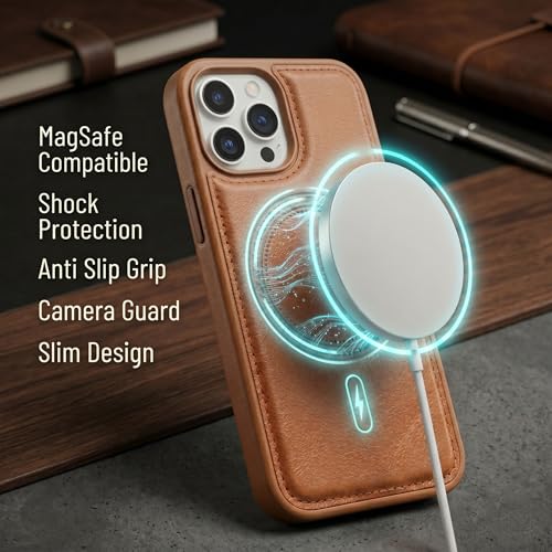 Image of amazon basics Premium PU Leather Case for iPhone 15 Pro Max, MagSafe Compatible Magnetic Ring, Sleek Protective Back Cover - [Tan]