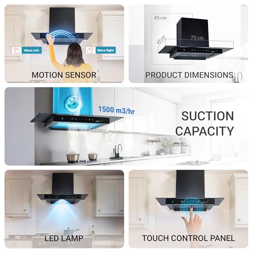 Image of Elica 75cm 1500 m3 /hr Filterless Autoclean Kitchen Chimney T-Shape with 15 Years Motor & 5 Years Comprehensive Warranty | FLAT FL 750 HAC LTW MS NERO | Black | Touch + Motion Sensor Control