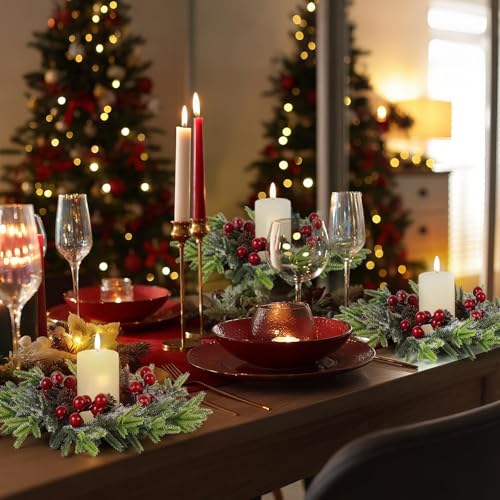 Image of 6 Pcs Christmas Candle Rings Wreath Mini Christmas Table Centerpieces Red Berry Pinecones Wreaths for Front Door Kitchen Cabinet Holiday Party Farmhouse Porch Wall Outdoor Indoor Home Decoration