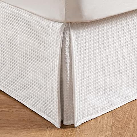 MIYE Pleated Waffle Weave Bed Skirt, Tailored Dust Ruffle 14 Inch Drop Easy Fit, Machine Washable (White, Queen - 14" Drop) Cover