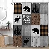 YSSFAV Rustic Cabin Shower Curtain Bear Deer Moose Camping Lodge Hunting Country Plaid Check Bathroom Decor Curtains Set with Hooks, 70' x 70'