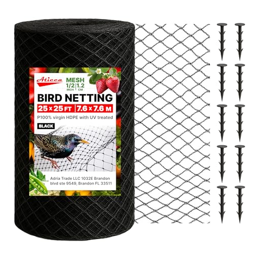 ATICCA Heavy Duty Bird Netting for Garden Protection & Fruit Trees, 25x25 Ft with 10 Stakes – Black Anti-Bird Net for Poultry, Deer, & Squirrel Protection, Durable Mesh for Garden and Yard Use