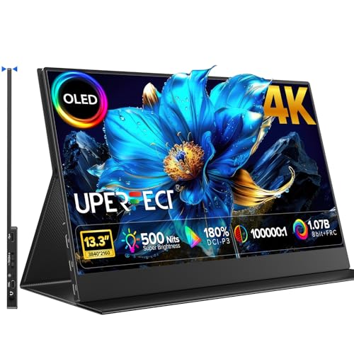 UPERFECT OLED Portable Monitor 4K 3840x2160 13.3 Small Monitor with | 180% sRGB| 0.1ms 500 Nits | 100000:1 Contrast | Ultra-Slim All-Aluminium Alloy Design Second Screen w/VESA for Laptop PC Phone