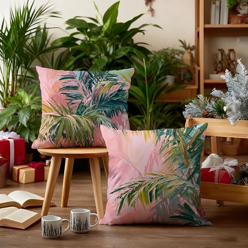 Image of Summer Pink and Green Tropical Palm Leaf Decorative Throw Pillow Cover Decor 18x18,Palm Leaf Botanical Decorative Lumber Beach Plant Throw Pillow Cover for Cabin Couch Double-Sided Set of 2