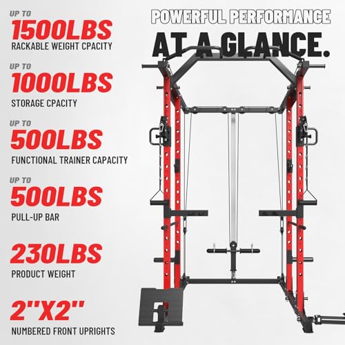 Image of Mikolo Power Cage, Power Rack with Cable Crossover System, 1500LBS Squat Rack with LAT Pull Down System, Workout Cage with Pulley System for Fitness Home Gym