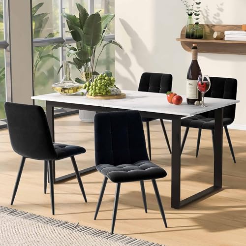 Kelodan Mesa de comedor telescópica de 140/180 x 80 x 75 cm, patas de hierro y patas cuadradas (tablero de fibra de densidad media blanca moderna con patrón de mármol), doble uso para hogar y oficina