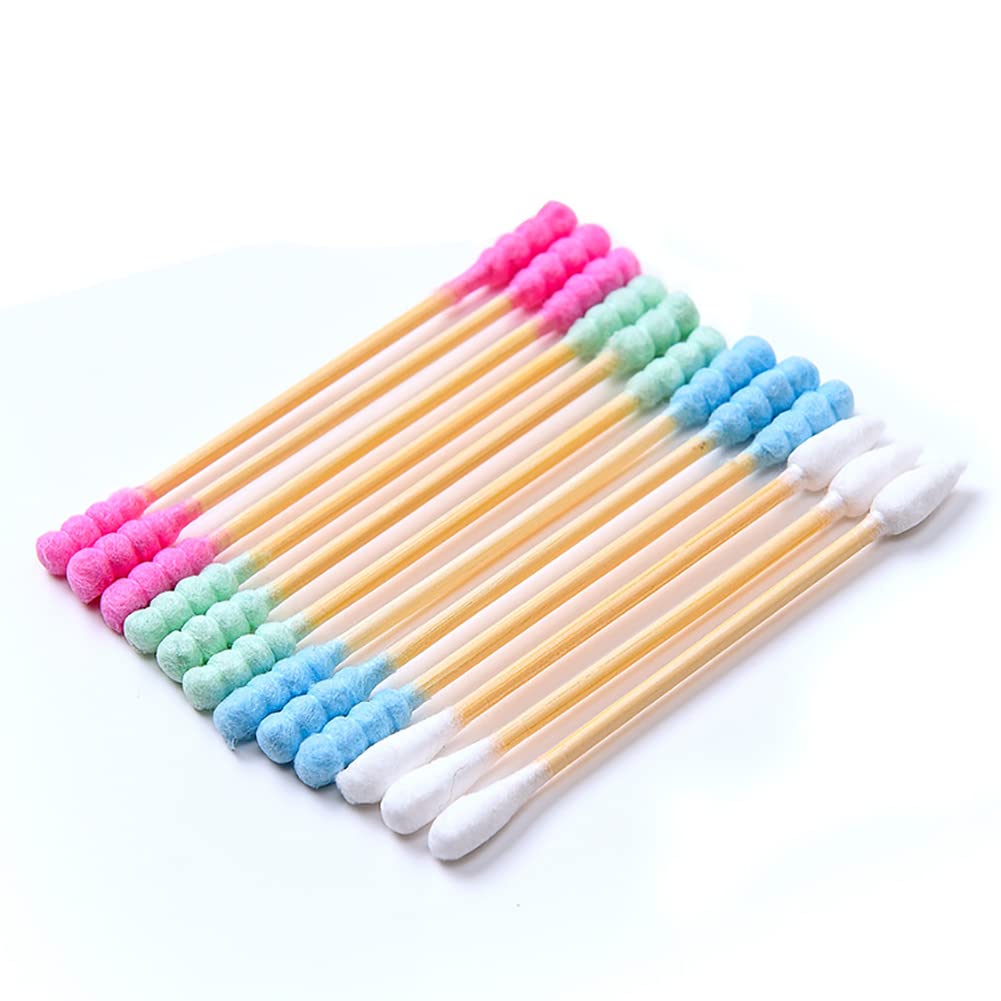 Confezione da 100 tamponi di cotone confezionati singolarmente, bastoncini di legno a doppia punta per orecchie, trucco (4 pezzi per sacchetto, 100 sacchetti, doppia estremità rotonda