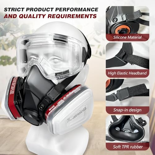 GQFOWE Atemschutzmaske mit 10Pcs Filter Cottons und Schutzbrille, Staubmaske für Staub, Formaldehyd, Chemikalien, Sprühfarbe, Schleifen, Partikel, Schreinerarbeiten, Schweißen