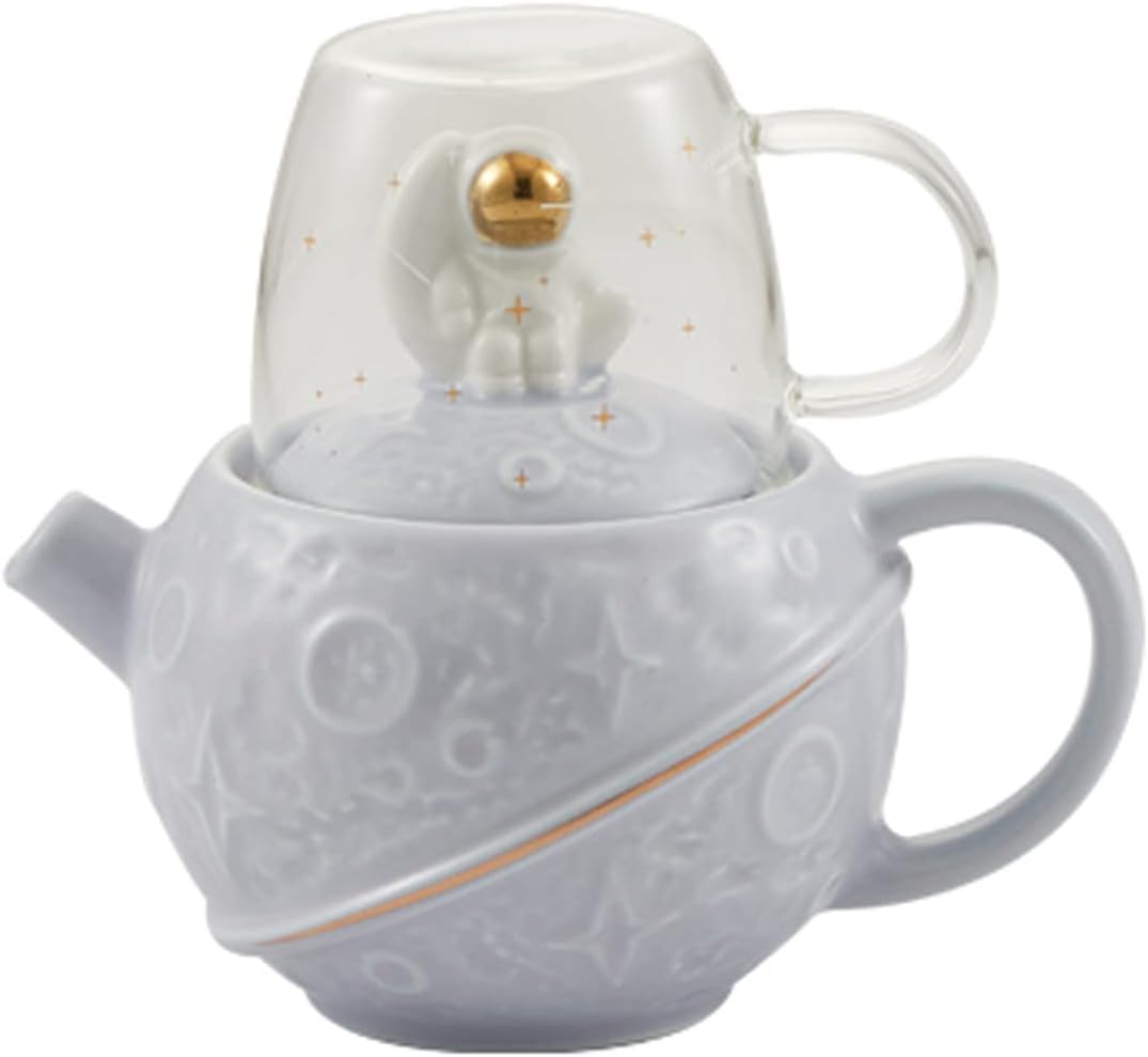 YBK Tech Astronaut-Design Tea Set for One, Unique Embossed Teapot, 14.5oz Ceramic Teapot and 6.2oz Glass Cup (Pale Purple)