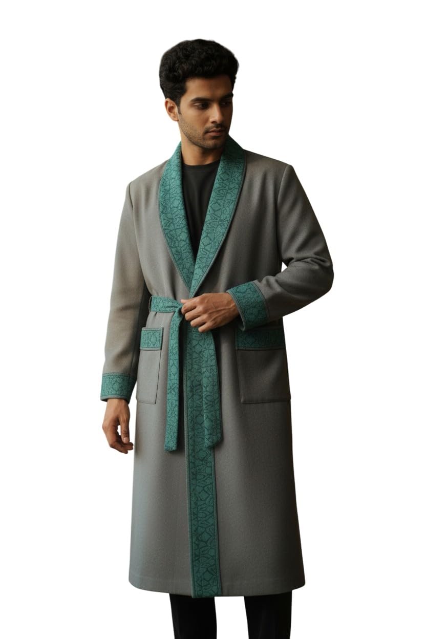 Men Woolen Nightgown Dressing Gown Sleep And Lounge Wear With Kashmiri Charming Embroidery Free Size (1, Light Blue-2)