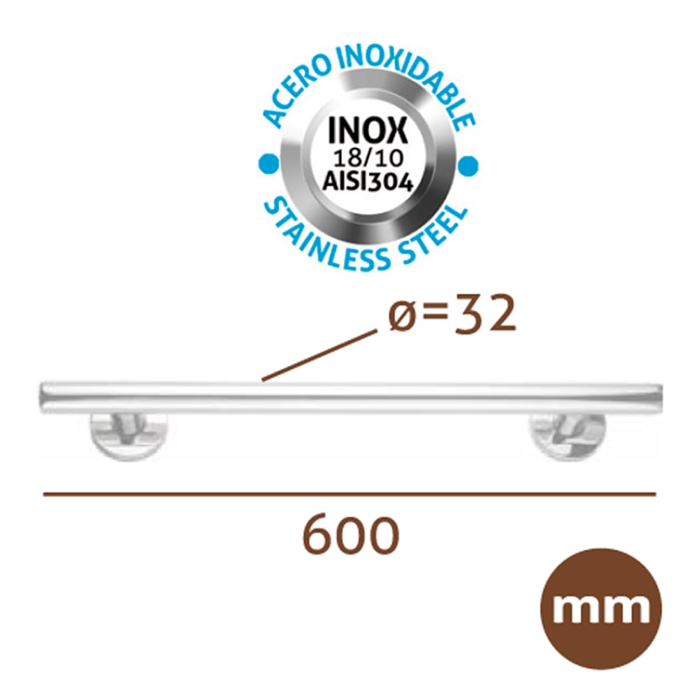 Asidero de Seguridad Recto de Acero Inoxidable 60 cm | Barra de Agarre y Apoyo Cromada con Soportes Inferiores para Ducha, Bañera y Baño Adaptado | Resistente a la Humedad