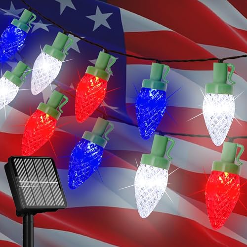 L Lampop SL-50L-STRAWBERRY-MC 4Th Of July Decorations C7 Bulb Solar String Lights Outdoor Waterproof 50 Led Red White Blue Solar Lights For Independence Day President Memorial Day Christmas Party Patriotic Decorations cover