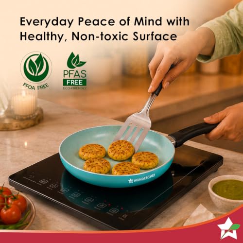 Image of Wonderchef Vitalife Non-Stick Fry Pan for Kitchen, 24cm, 1.5 L, Non-Toxic Coating, PFOA-Free, Cool-Touch Handles, Scratch-Resistant, Gas & Induction Compatible, 2-Yr Warranty, Teal Green