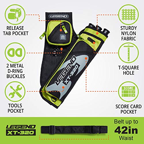 Legend Xt320 Archery Quivers - Nylon Hip Quivers With 3 Arrow Tube Cases For Target Shooting - Adjustable Waist Belt, T-Slot, Storage Compartments For Accessories, Gear, Tools, Release Tab, Score Card #TOP1
