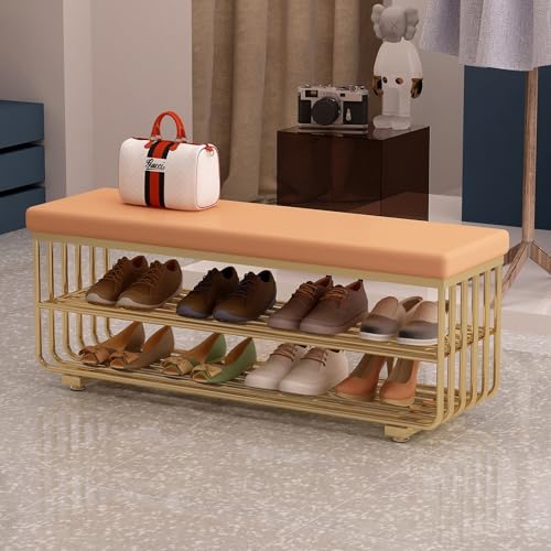Banc à chaussures d'entrée en métal doré avec assise en similicuir chic de 100 cm