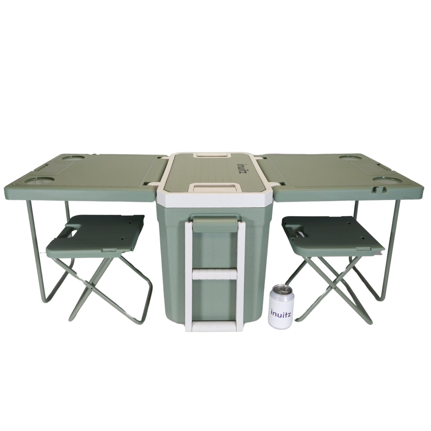 Nevera Portátil con Ruedas, Mesa y Sillas Inuitz Picnic, 30 litros, Asas Laterales y de Tiro con Antideslizante, Aislante de Poliuretano, Posavasos Integrados en la Mesa, Camping/Camper, Playa