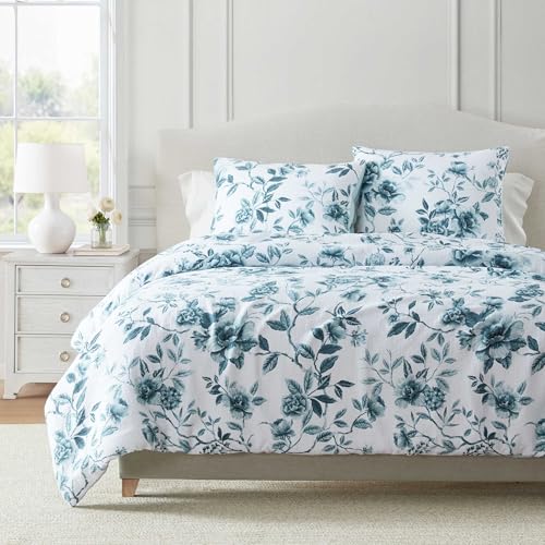 Image of Martha Stewart - Queen Comforter Set, Textured Cotton Jacquard with Refined Softness & Medium Weight Feel, 3 Piece Bed Set with Matching Pillowcases (Vivian Floral Blue)