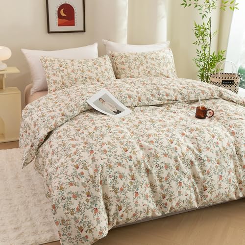 ECOCOTT Floral Duvet Cover Queen Size – 3 Piece 100% Washed Cotton Bedding Set with Zipper Closure, Soft Lightweight Breathable Botanical Print Comforter Cover for Spring Summer Bedroom Decor