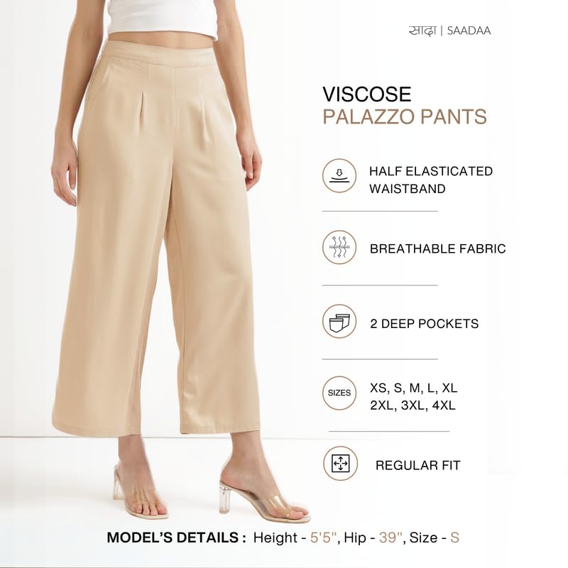 Image of SAADAA Palazzo Pants for Women Half-Elasticated Waistband | Palazzo for Women in Soft Viscose Fabric | Regular Fit with Mid Rise Waist & Deep Pockets | Versatile for Formal & Casual Wear