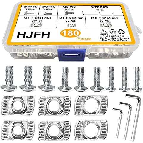 HJFH T Nut Mutter Nutenstein M3 M4 M5 Gewinde Hammermutter Hammerkopf Befestigungsmutter Nutmuttern Sortiment Kit mit Schrauben und Inbusschlüssel für 2020Typ Aluminium Profile(183 Stück) Cover