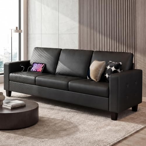 Image of STHOUYN 73 inch Black Faux Leather Couch, Comfy 3 Seater Sofa