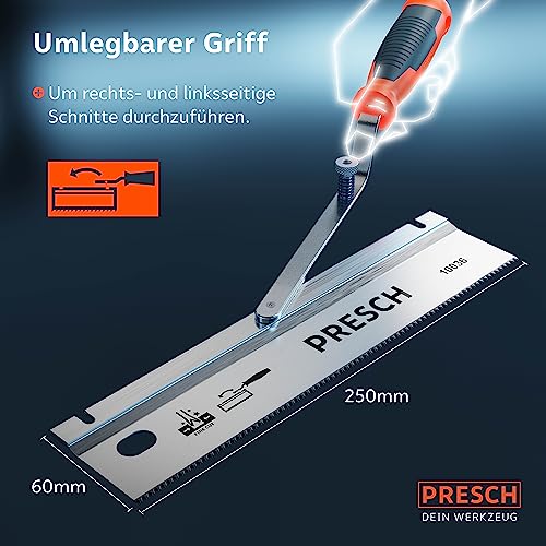 Presch Feinsäge 250mm - Handsäge, Rückensäge Umlegbar, Klappbar und Gekröpft - Säge für Holz, Kunststoff und Sockelleiste Schneiden