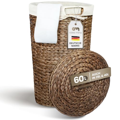 Casa Mina® Wäschekorb mit Deckel D40 x H65cm hoch| Atmungsaktiver Wäschekorb geflochten aus 100% Naturfaser I Robuster Wäschesammler mit Griffen &...