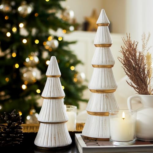 WONDROUS' DECO Christmas Tree Figurine Decor Tabletop White and Gold, Set of 2 Wooden Artificial Xmas Tree Decorations, Vintage Christmas Trees for Tables Centerpiece Home Farmhouse Mantel