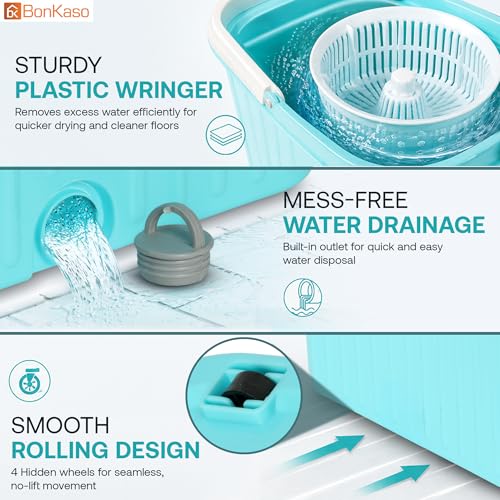 Image of BonKaso 360 Spin Square Mop Bucket Set for Floor Cleaning (Tiles, Marble & Wooden Floors) | Plastic Mop Bucket with Extendable Stainless Steel Handle & Removable Wringer | Microfiber Floor Cleaner