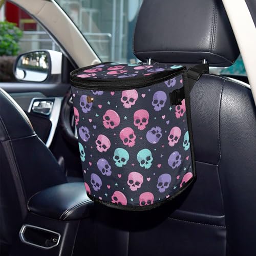 Image of MNSRUU Car Trash Can with Lid, Cute Skull Head Car Trash Bag Hanging Organizers and Storage for Front Back Seat, Leak-Proof Trash Bin