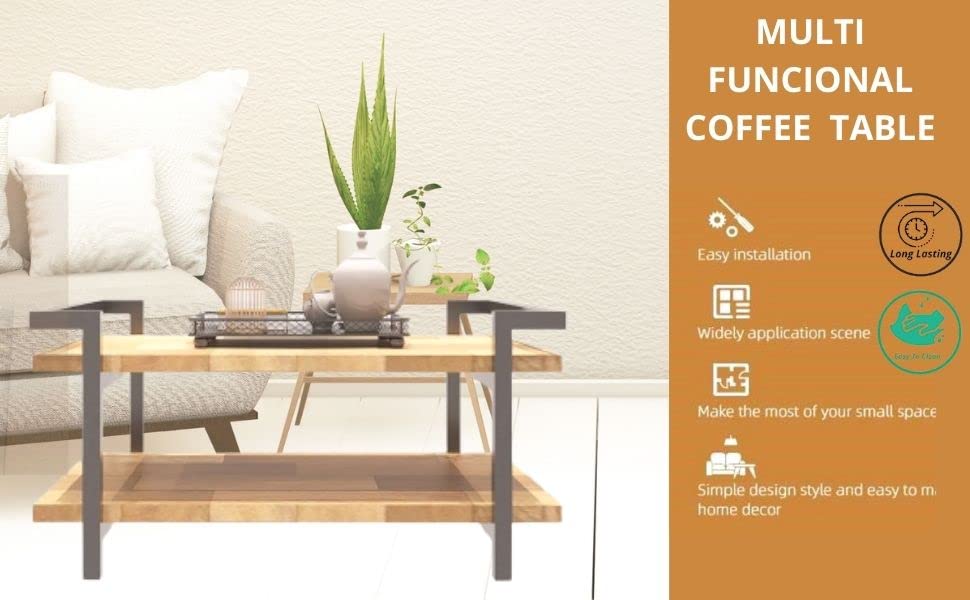 HIRVALL 2 Layer Wooden Small Coffee Table with Metal Frame Sofa Side Coffee Tables Perfect for Indoor and Outdoor Use in The Home, Workplace, Hotel, and Office.(Black) 3