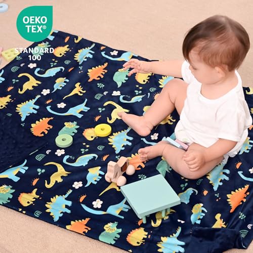 Image of PHF Minky Baby Blanket for Boys, 40x50 Inches Soft Double Layer Baby Blankets with Dotted Backing, Receiving Blanket Bed Throws for Newborn, Infant, Babies, Navy Dinosaur