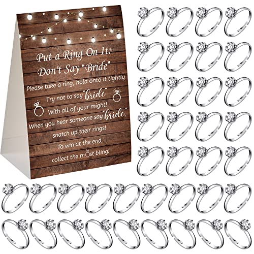 Woanger Put a Ring on It Bridal Shower Game with 50 Fake Rings Rustic Greenery Theme Wedding Shower Games Wedding and Engagement Rings and Not Say Bride Rules Cards(Elegant Silver)