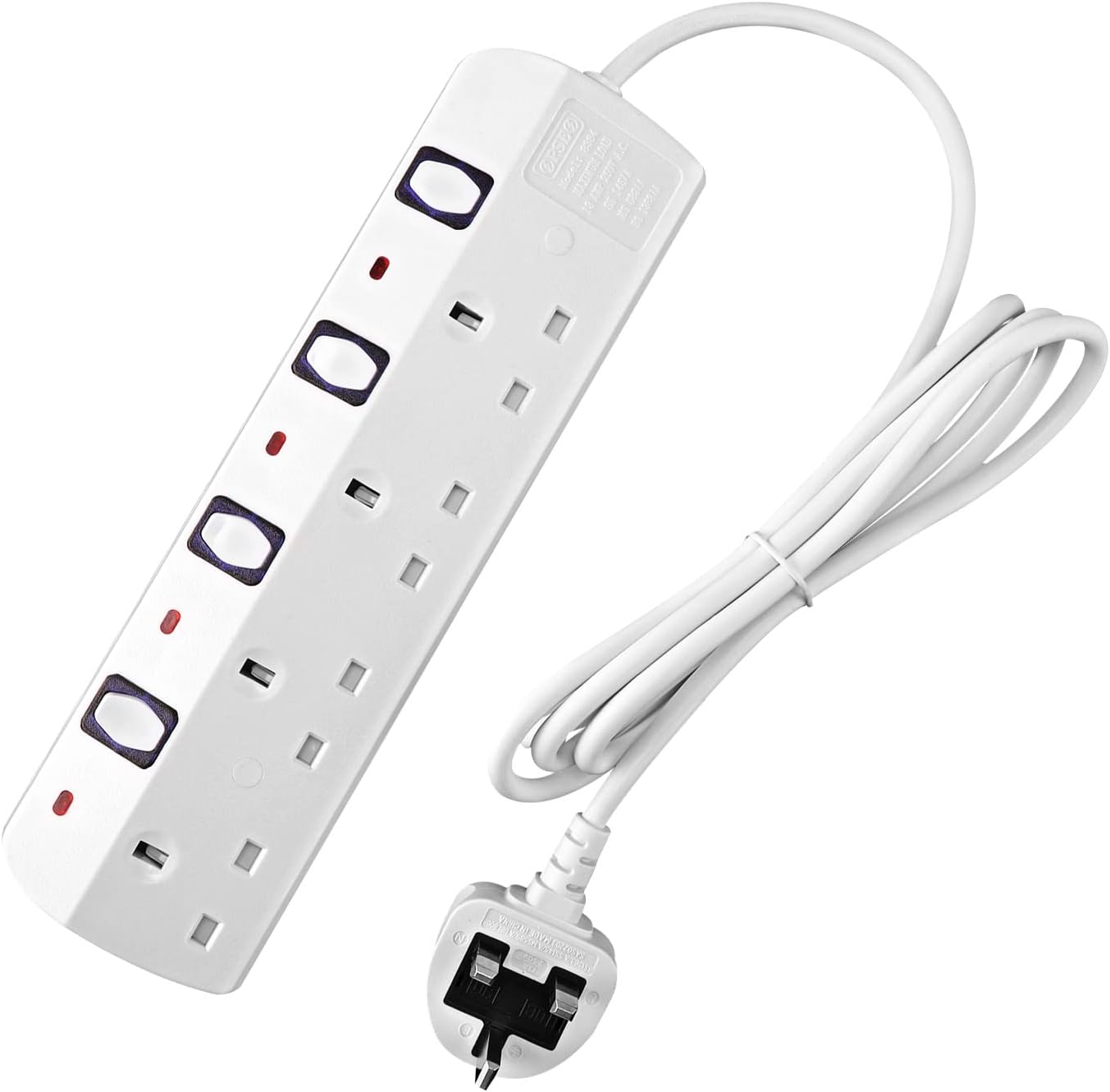 KingSaid 4 Way Extension Lead Switches 2 Metre Power Adapter 13 Amp