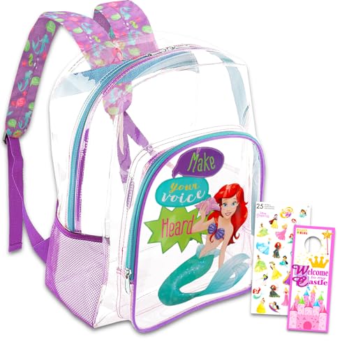 Conjunto de mochila Little Mermaid – Pacote com bolsa escolar transparente Ariel de 41 cm, adesivos de princesas da Disney, mais | Material escolar para crianças.