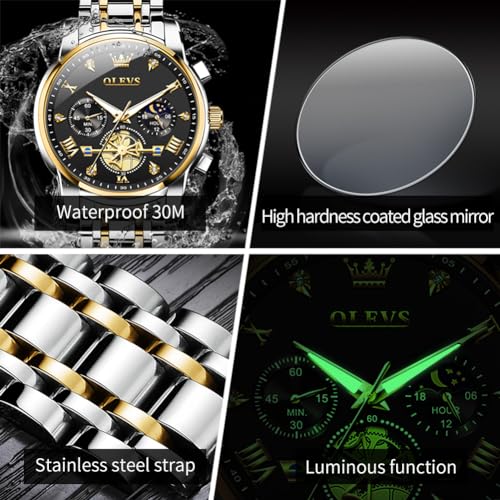 Image of OLEVS Watch for Men Stainless Steel Chronograph Big Face Easy to Read Analog Quartz Watches Luxury Waterproof Date Diamond Roman Arabic Numerals Dial Dress Wrist Watches, 2856:Two Tone&Gold Black,