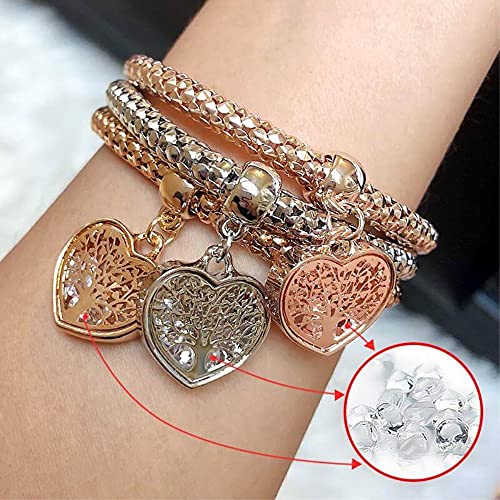 Silaner Crystal Charms Multilayer Bracelets - 3Pcs Gold/Silver/Rose Gold Corn Chain Bracelet For Women, Tree Of Life Heart Shaped Stretch Bracelet (12 Pcs) #TOP4