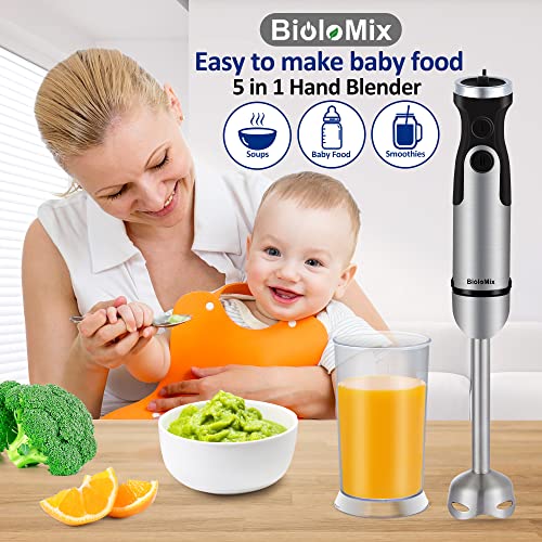Image of BioloMix Hand Blender 5 in 1 Immersion Blender 1000W, 6 Speed With Turbo Mode hand blenders immersion Stainless Steel Blade With 800ml Chopper, 600ml Mixing Beaker, Whisk and Milk Frother