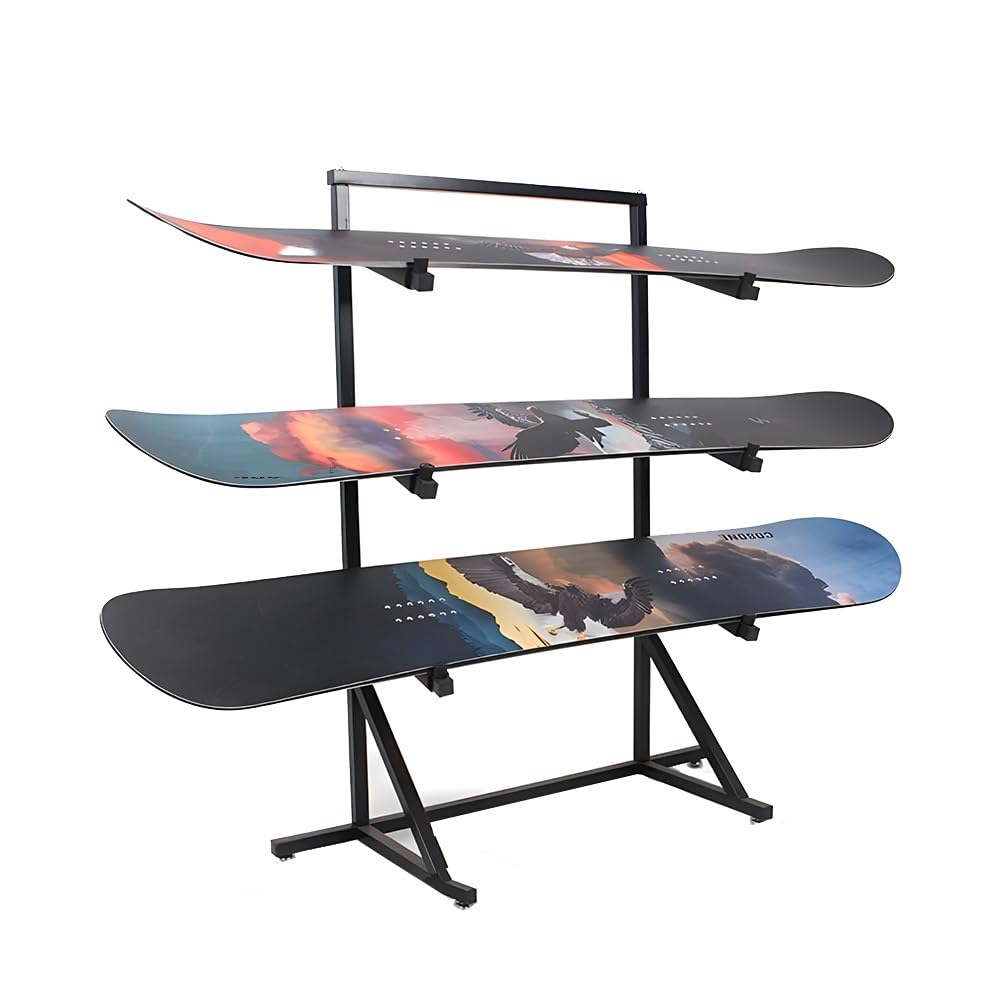 LIEOWYD Floor Sample Holder,3-Tiers Metal Snowboard Storage Rack, Standing for Skis/Skateboards/Scooter, Home Gym Organize Holder, Floor Display Stand for Garage/Shop