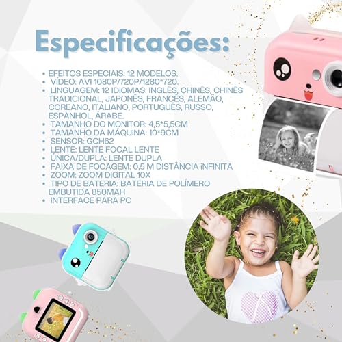 Câmera instantânea infantil fofa Câmera digital infantil de 24 MP Câmera de impressão instantânea in