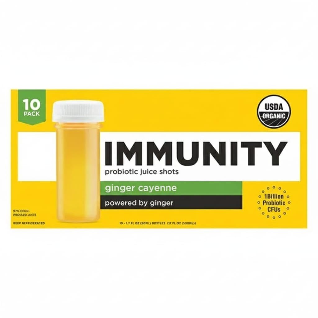 Organic Immunity Shot, Ginger Cayenne, Cold-Pressed, Contains Probiotic, Non GMO, 1.7 Fluid Ounces (Pack of 10)