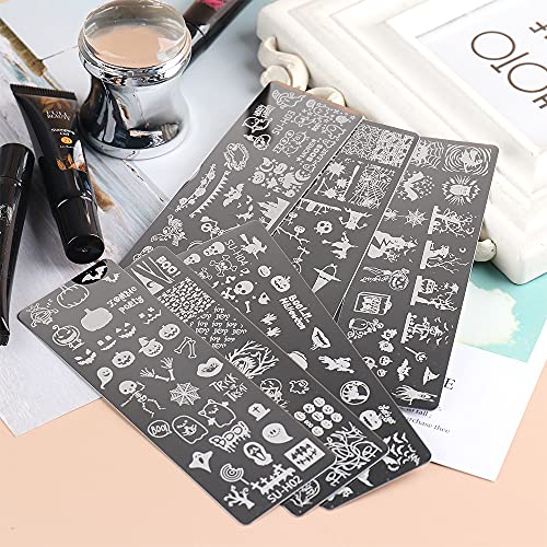 JMEOWIO Nagel Stamping Schablone Halloween 6 Stück Nagelstempel Schablone Nail Art Dekoration Nageldesign Zubehör Böse gruselige Kürbis-Geisterhexe