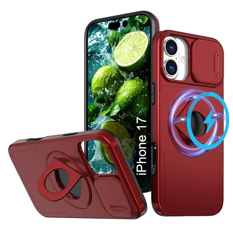 Image of LuxuryKase MagSafe Shockproof Rugged Back Case for iPhone 17 | Finger Ring Kickstand & Sliding Camera Cover | Military Drop Protection | Wireless Charging Support - Red