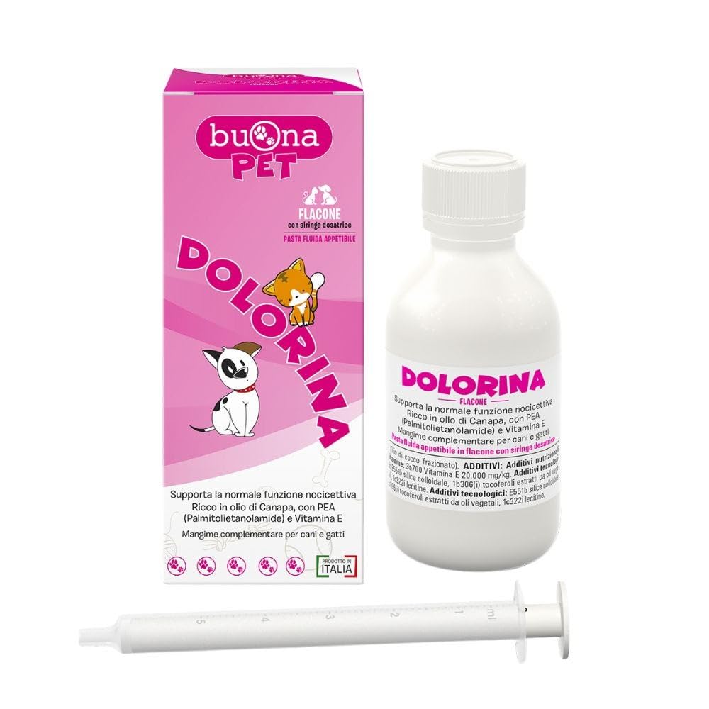 Buona Pet Dolorina Flacone Cane e Gatto 90 g con Siringa Dosatrice,​Supporto Funzione Nocicettiva di Cani e Gatti con Olio di Canapa, PEA Levagen Plus® (Palmitoiletanolamide), Vitamina E, Ribes Nigrum