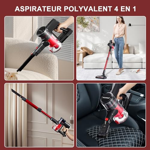Cordless Vacuum Cleaner, 1L 16Kpa 49Mins Vacuum Cleaners for Home, 4 in 1 Lightweight Powerful Stick Vacuum, with LED Display, for Hardwood Floor Carpet Car Pet - Black/Red