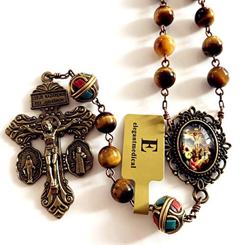 elegantmedical HANDMADE Vintage Catholic Tiger Eye & Nepal Beads Bronze Pardon Crucifix Cross Rosary Necklace Catholic Gift3