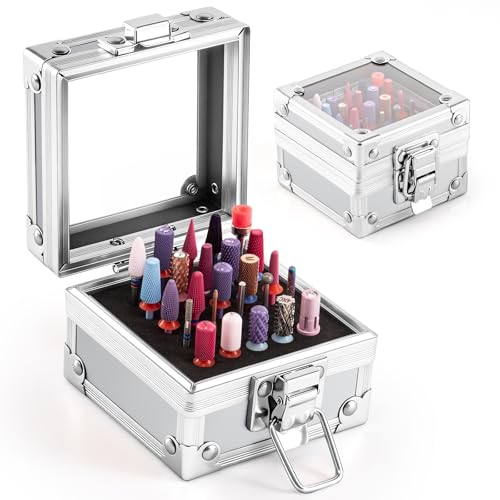 MelodySusie Nail Drill Bits Holder 25 Holes Case Portable Dustproof Displayer Organizer Container Nail Tech Professional Nail Art Tool Travel Salon Home Silver (Drill Bits Not Included)