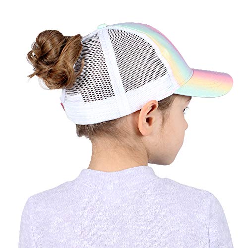 Ponyflo Kids Ponytail And Messy Bun Ponycap With Full Back Opening (Rachel Rainbow Glitter) #TOP1