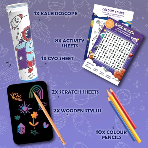 Image of PlayMagic BrainActiv Kaleidoscope & Scratch Art Kit for Kids Age 5-14 - 1 Kaleidoscope, 8 Activity Sheets, 1 CYO Sheet, 2 Scratch Sheets, 2 Stylus, 10 Color Pencils - Return Gift for Boys & Girls