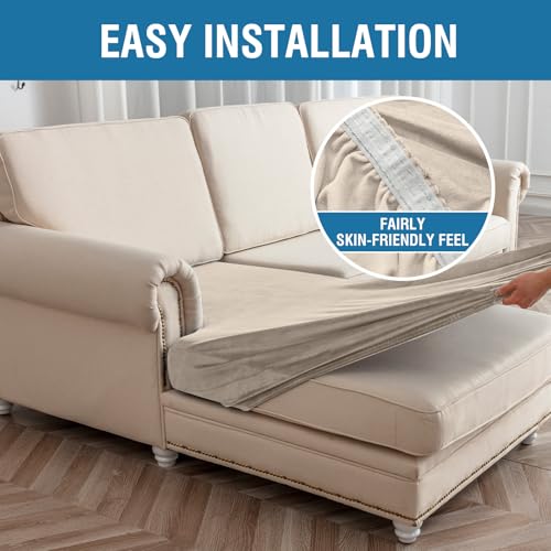 Image of Couch Cover 6-Piece Elastic Velvet Couch Cushion Covers & Chaise Slipcovers for L-Shaped Sofas - Sofa Seat Covers Washable, Soft Protector for Couches (5 Seater + Chaise, Taupe)